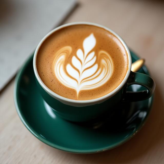 Close up of latte art in a green ceramic cup