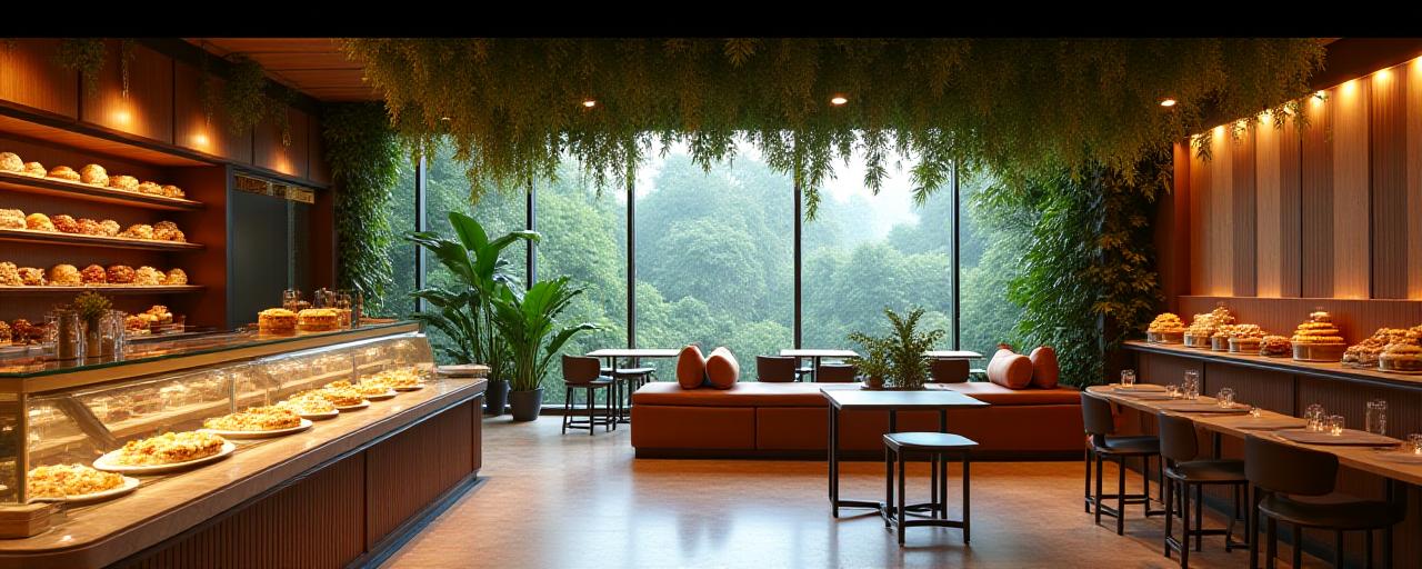 Artisanal pastries on display in a rainforest-themed cafe interior