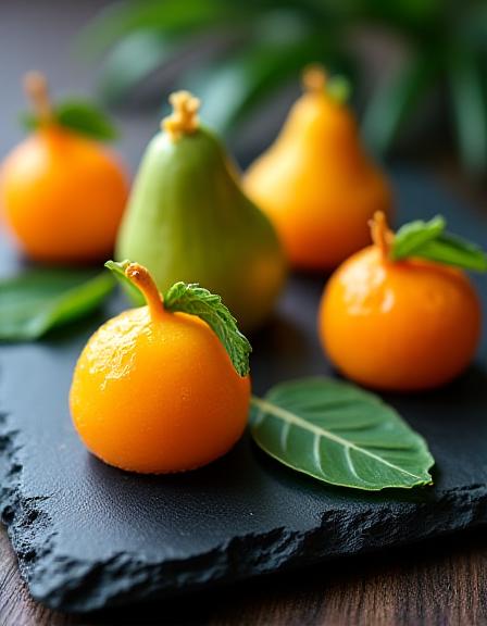 Close up of artisanal petit fours styled with tropical leaves