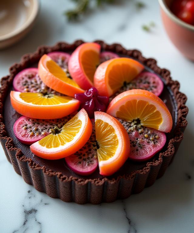 Amazonian Chocolate Tart with exotic fruit zest