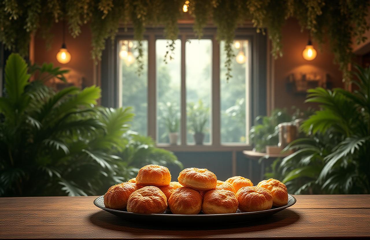Lush rainforest backdrop with artistic pastries