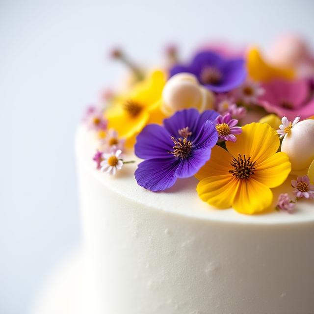 Close up of a white wedding cake with edible pressed flowers