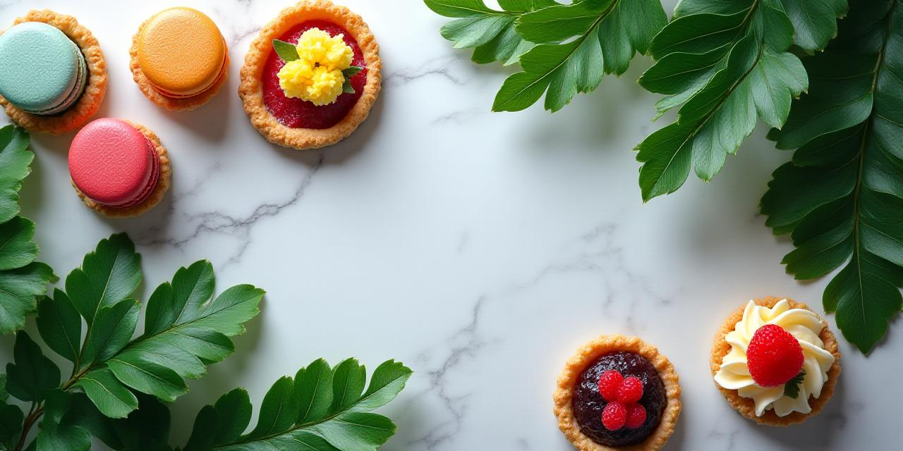 Artisanal pastries with lush tropical leaves decoration