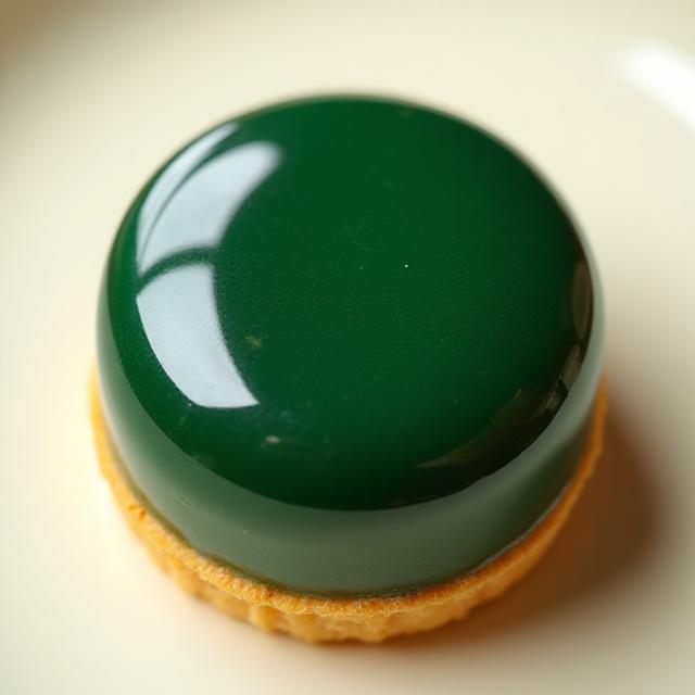 Artisanal pastry with a vibrant emerald green mirror glaze inspired by rainforest foliage