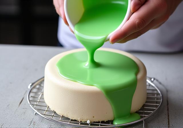 Close-up of a pastry chef pouring a glossy green glaze over a cake